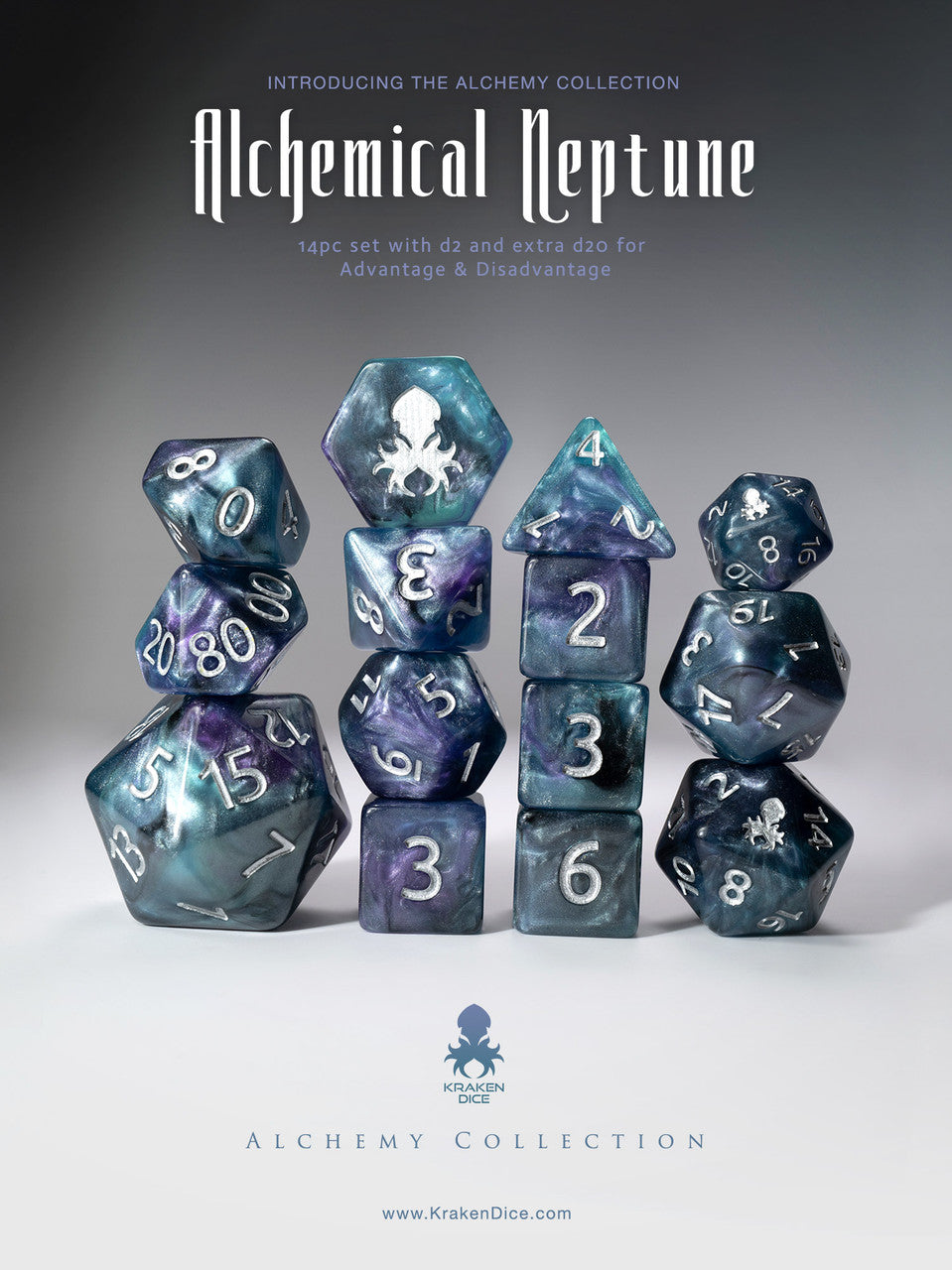Alchemical Neptune 14pc Blue and Purple Silver Ink Dice Set